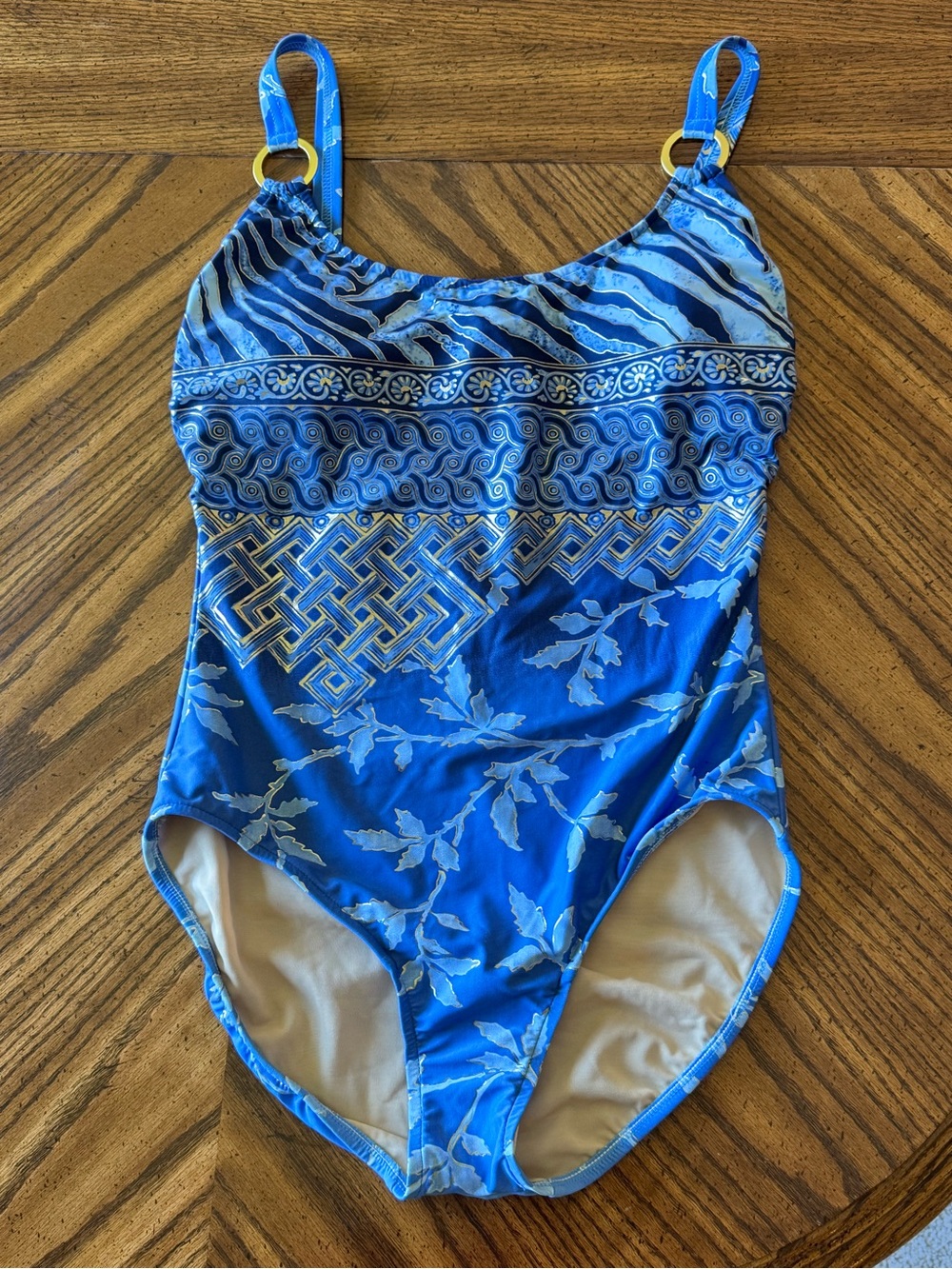 Carol Wior Slimsuit Mosaic Blue Floral One Piece Swimsuit Size 14 Gold Accents
